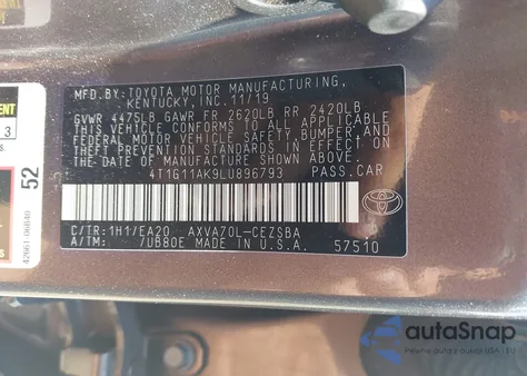 2020 Toyota Camry Se z USA, uszkodzony, nr VIN 4T1G11AK9LU896793